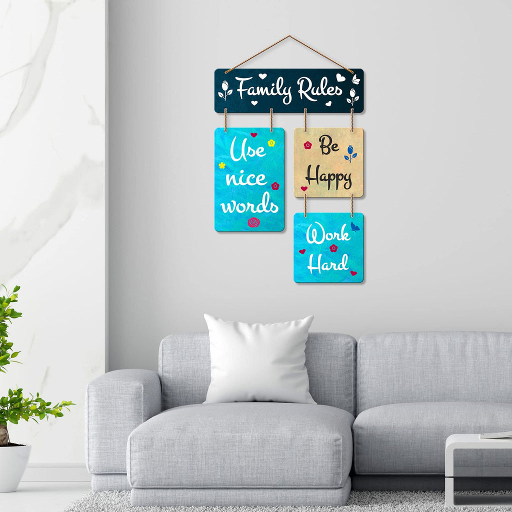 Artvibes Family Rules Use Nice Words Wooden Art Decoration item for Living Room | Wall Art For Hall | Family Quotes Wall Hanging | Wall Poster | Quotes Decor Item | Wall Art Print (WH_6504N)