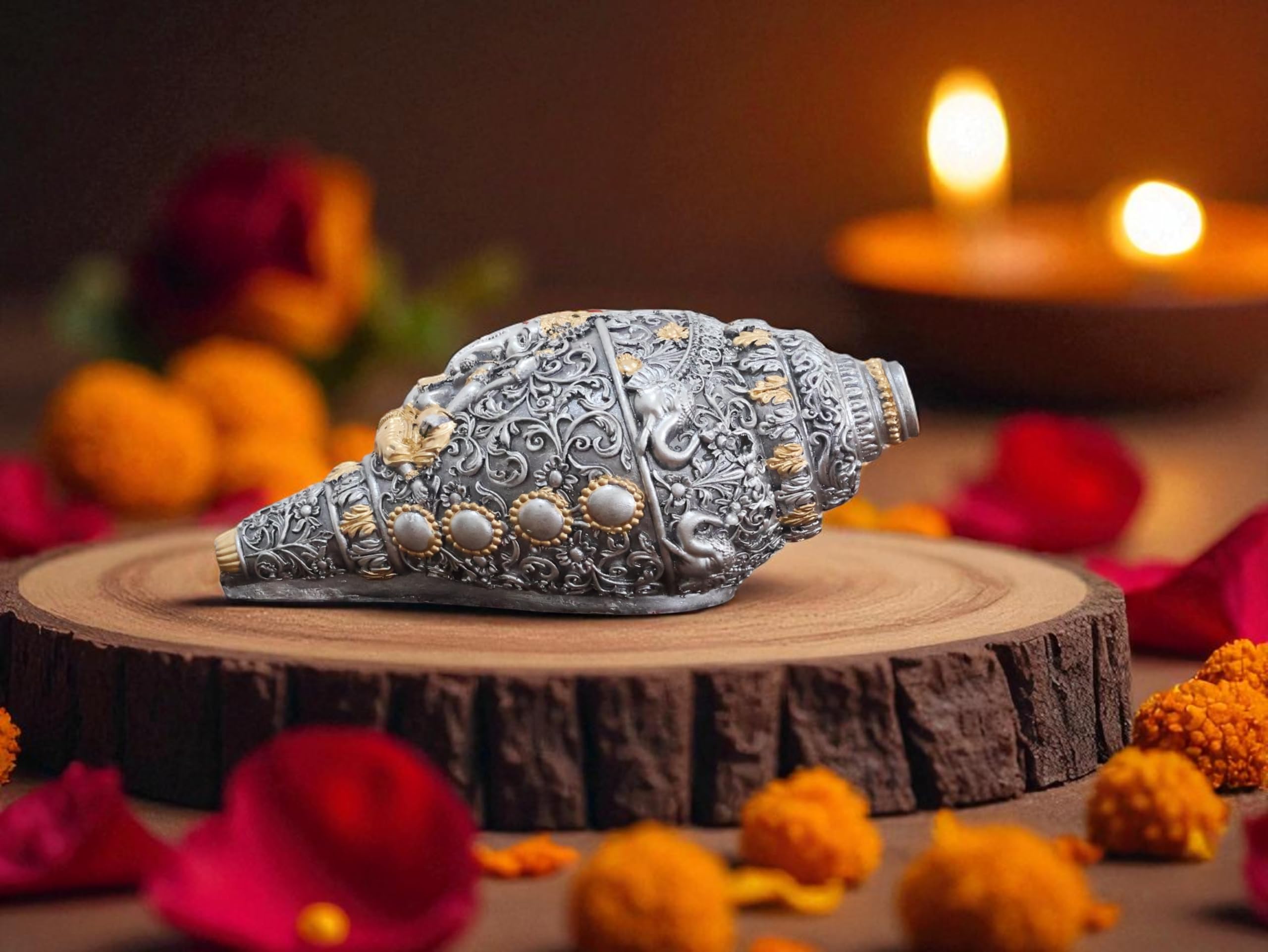 KridayKraft Decorative Lord Ganesha Shank, Silver -Toned, Conch Shell for Wealth, Prosperity and Good Luck Intricate Design, 12 (5) cm x 6 cm