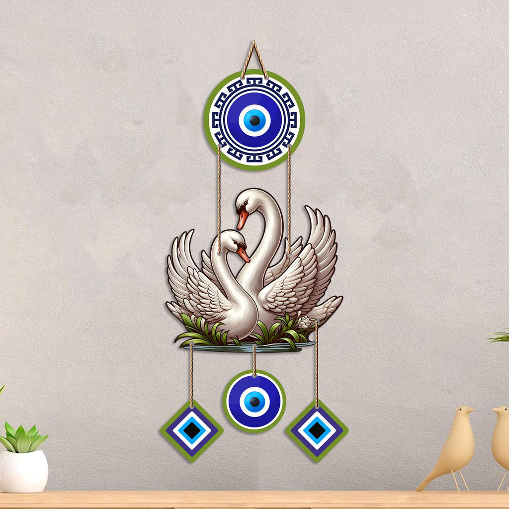 Artvibes White Swan Couple Evil Eye Wall Hanging for Home Entrance & Main Door | Decorative Nazar Battu Vastu Decor for Living Room | Bedroom | Love Harmony Positive Energy Wall Accent (WH_85128N)