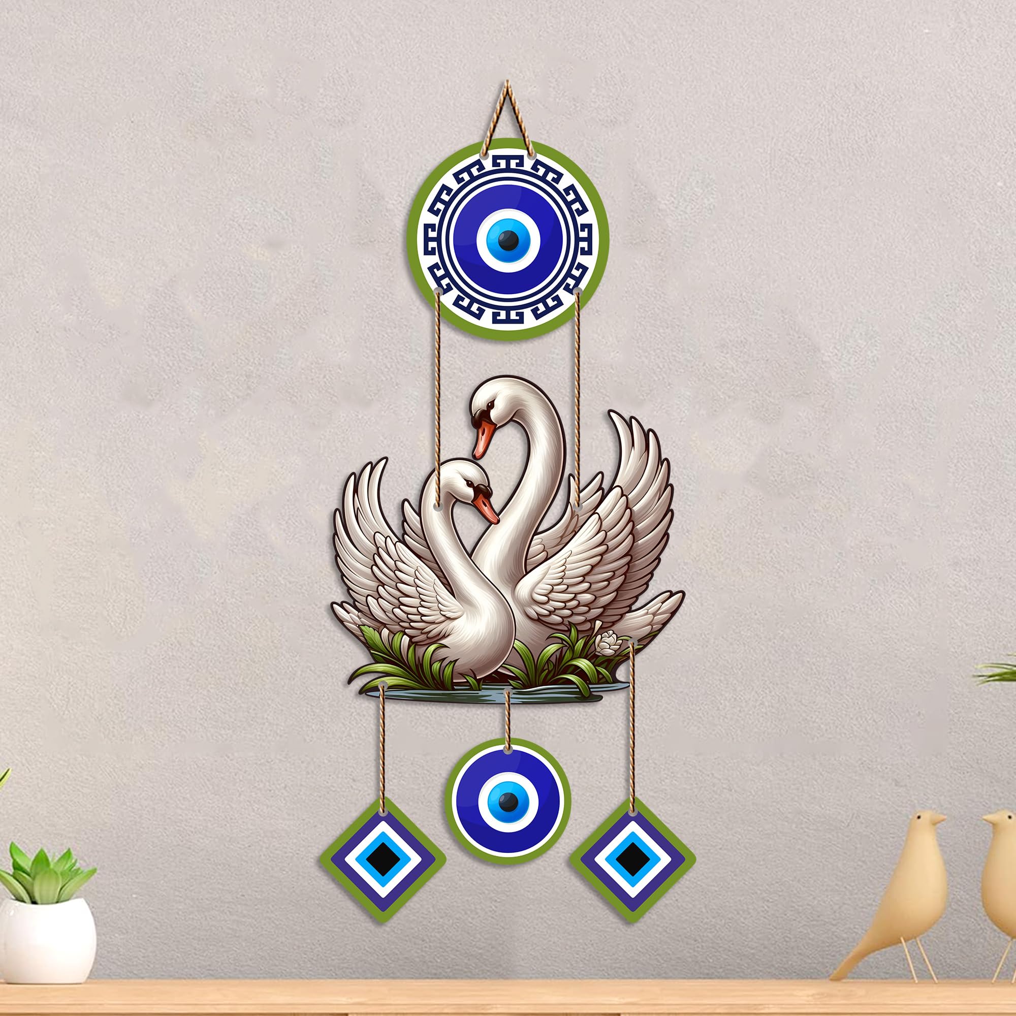 Artvibes White Swan Couple Evil Eye Wall Hanging for Home Entrance & Main Door | Decorative Nazar Battu Vastu Decor for Living Room | Bedroom | Love Harmony Positive Energy Wall Accent (WH_85128N)