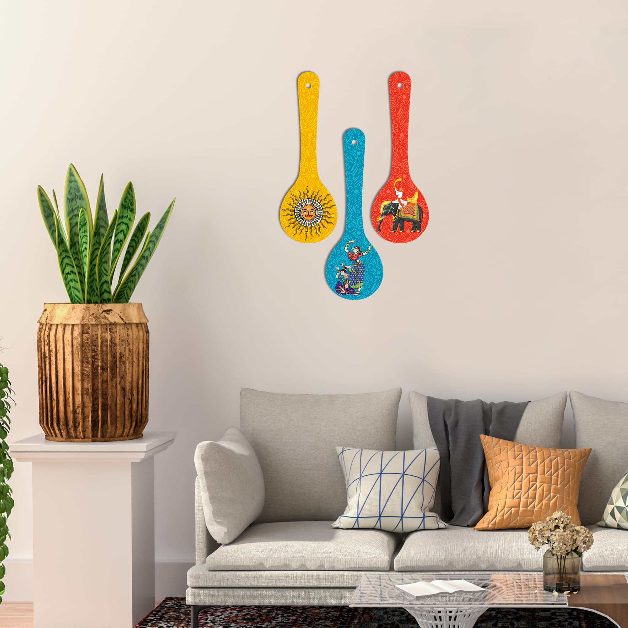 Artvibes Madhubani Art Wooden Wall Hanger For Home | Office | Living Room | Gift | Modern Decoration Items | Kitchen Wall Decor | Home Decor Hanging Items (Wh_5010N), Set Of 3