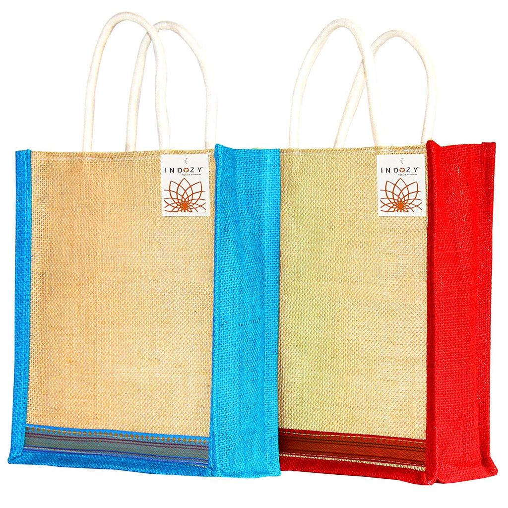 INDOZY Men's and Women's Jute Bag for Lunch Tiffin with Zip Plain Tote Combo (Multicolor)