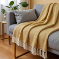 SAJAVAT HOME Hand-Knitted Cotton Sofa Throw | All-Season Throw Blanket for Sofa, Bed, Couch, Chair & Travel | 80×52 Inches (204×132 cm) | Yellow & White with Tassels | Pack of 1 Kafalo