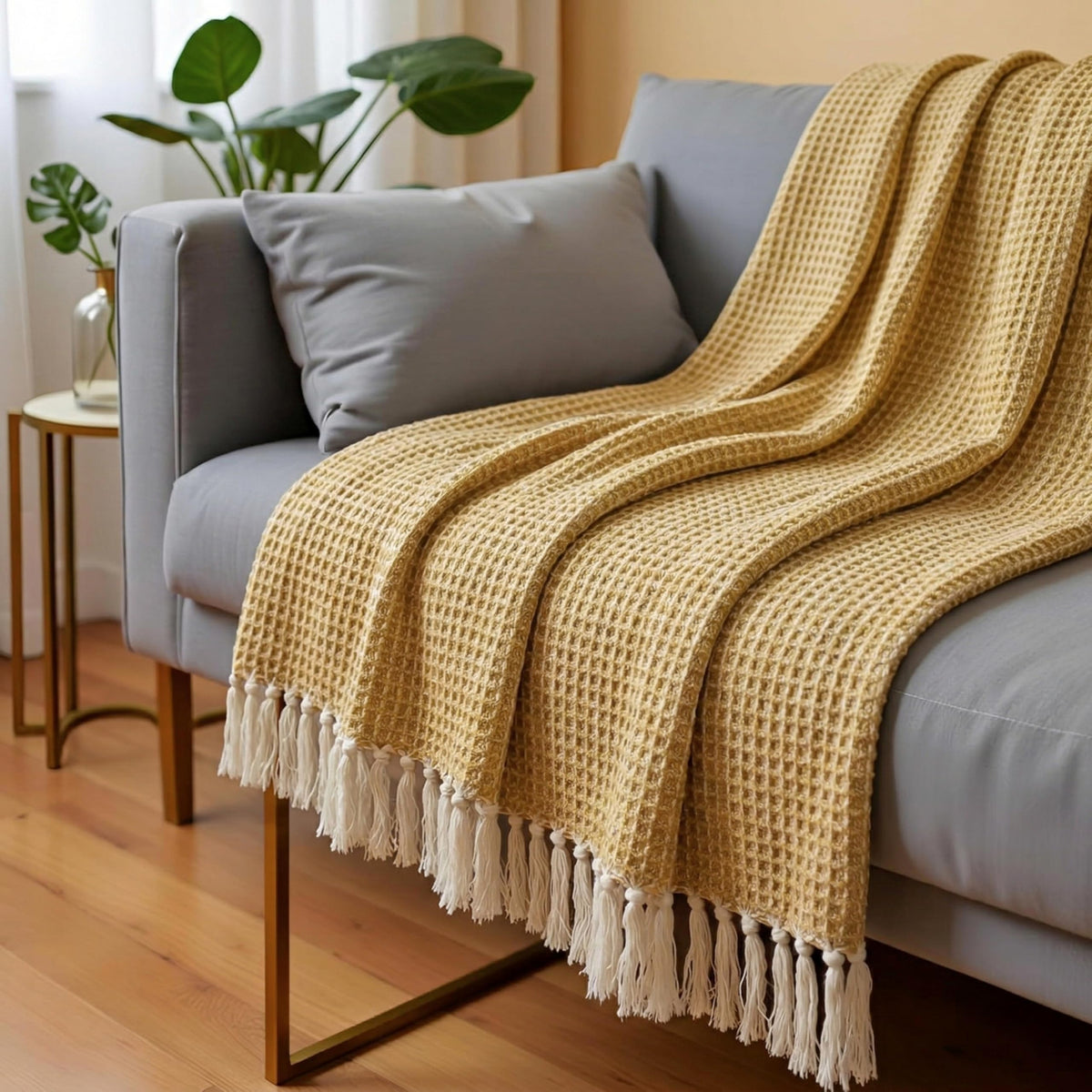 SAJAVAT HOME Hand-Knitted Cotton Sofa Throw | All-Season Throw Blanket for Sofa, Bed, Couch, Chair & Travel | 80×52 Inches (204×132 cm) | Yellow & White with Tassels | Pack of 1 Kafalo