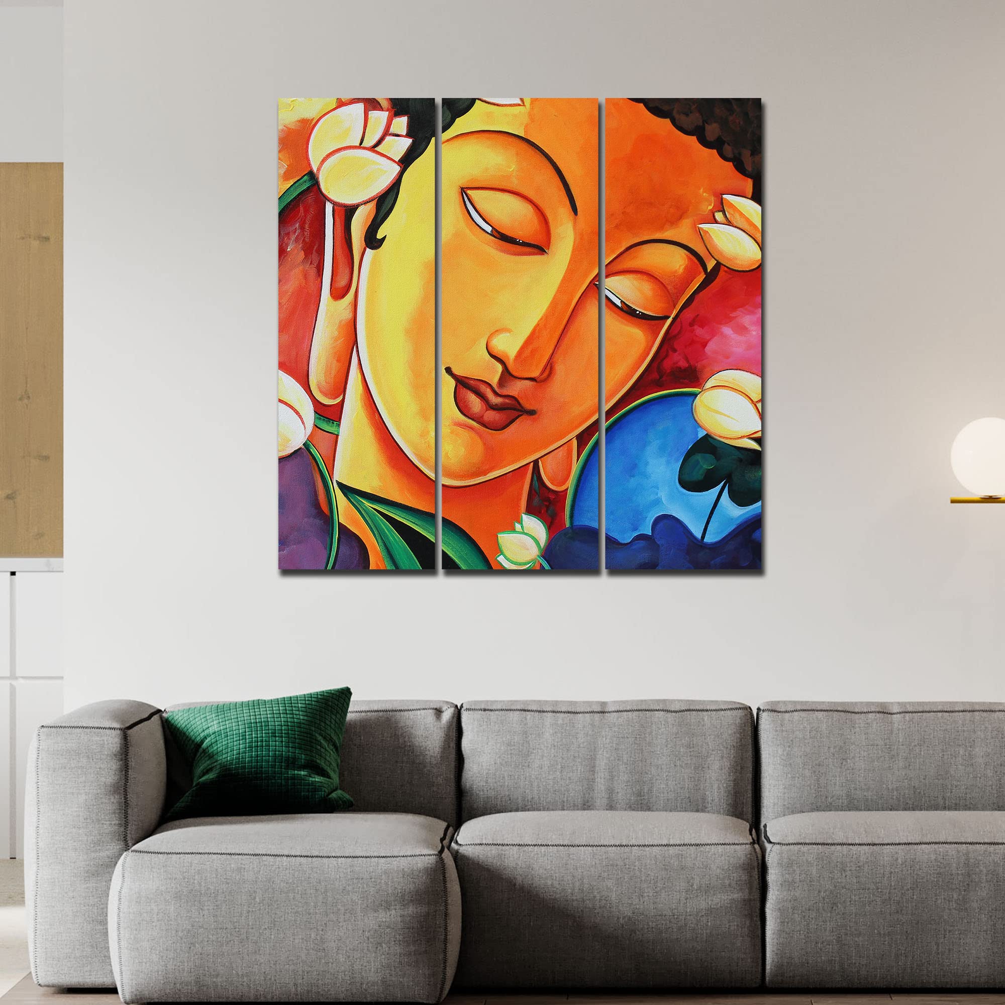 VIBECRAFTS 3 Pieces Portrait Of Buddha Canvas Wall Painting Fitted With Wooden Frame For Home | Office | Living Room | Gifts (PTVC3Pcs1_9596)