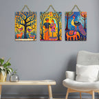 Artvibes Traditional Cultural Wall Art Wooden Art Decoration Item for Home | Living Room | Office | Wall Art Painting For Hall | Graphic Artwork | Wall Poster | Unique Gift (WH_96127N), Set of 3