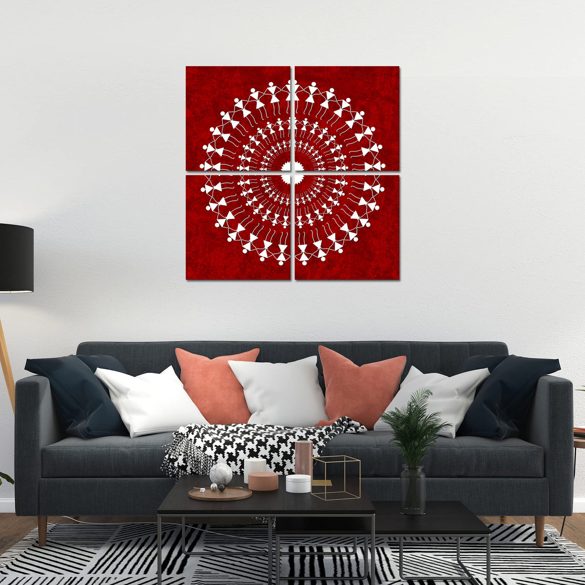 VIBECRAFTS Warli Art 4 Pieces Canvas Wall Hanging Painting Fitted With Wooden Frame For Home | Office | Living Room | Gifts (PTVC4Pcs5_16601)