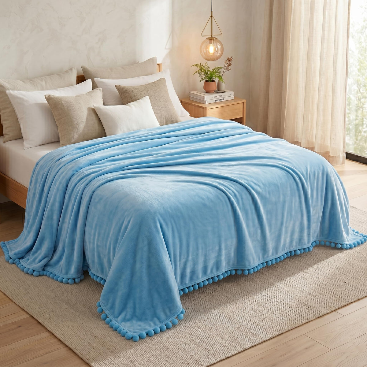 VAS COLLECTIONS Premium Plush Fleece Blanket 250 GSM | Ultra Soft Lightweight Cozy Throw with Pom-Pom Trim | Multipurpose for Bed, Sofa, Couch, Travel & Camping | 228x228 cm (90x90 Inches), Aqua Kafalo