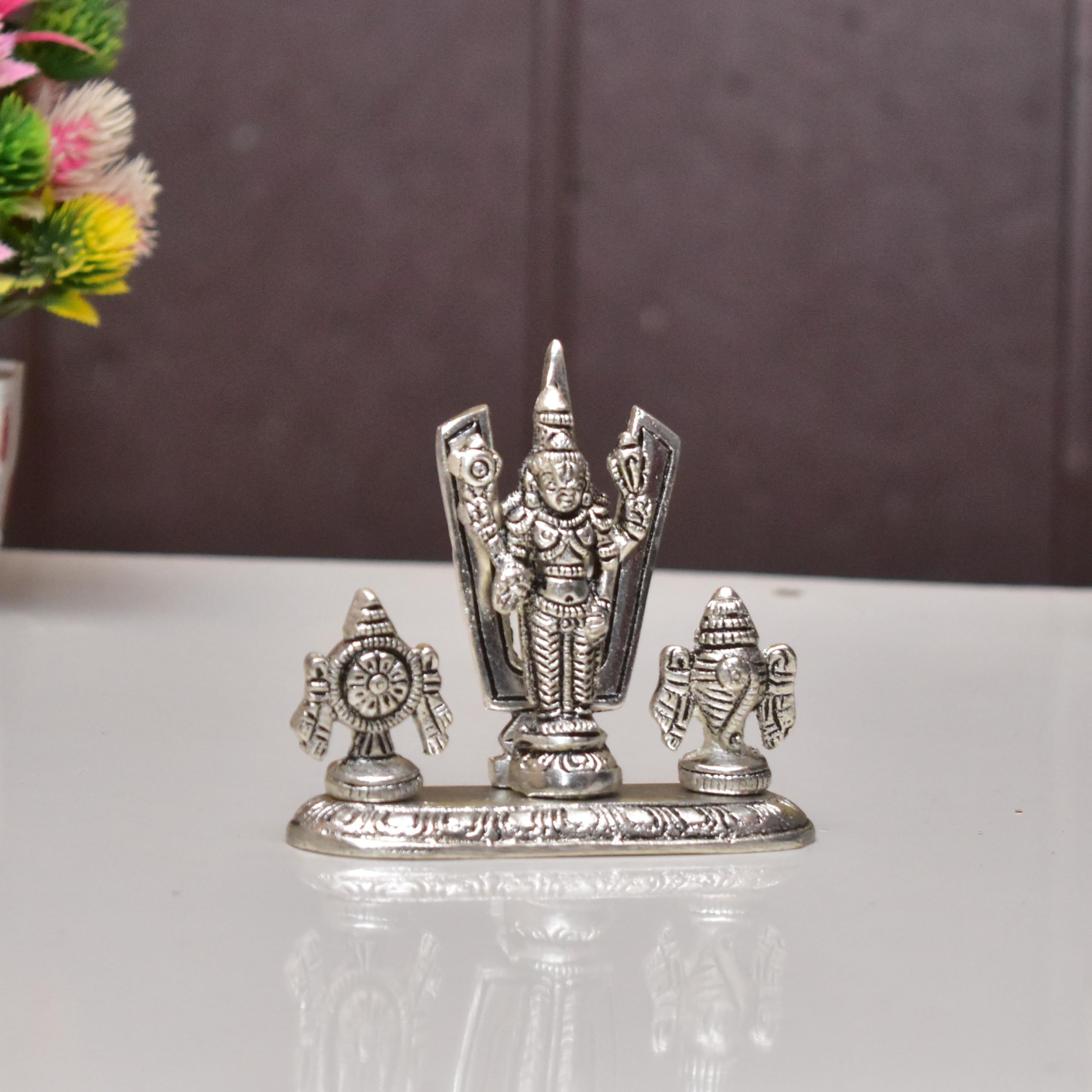 KridayKraft Lord Tirupati Balaji Venkateswara Swami with Shank chakar Tilak Namah Gold Plating Antique Decorative for Car Dashboard Home & Office Table Showpiece Figurines