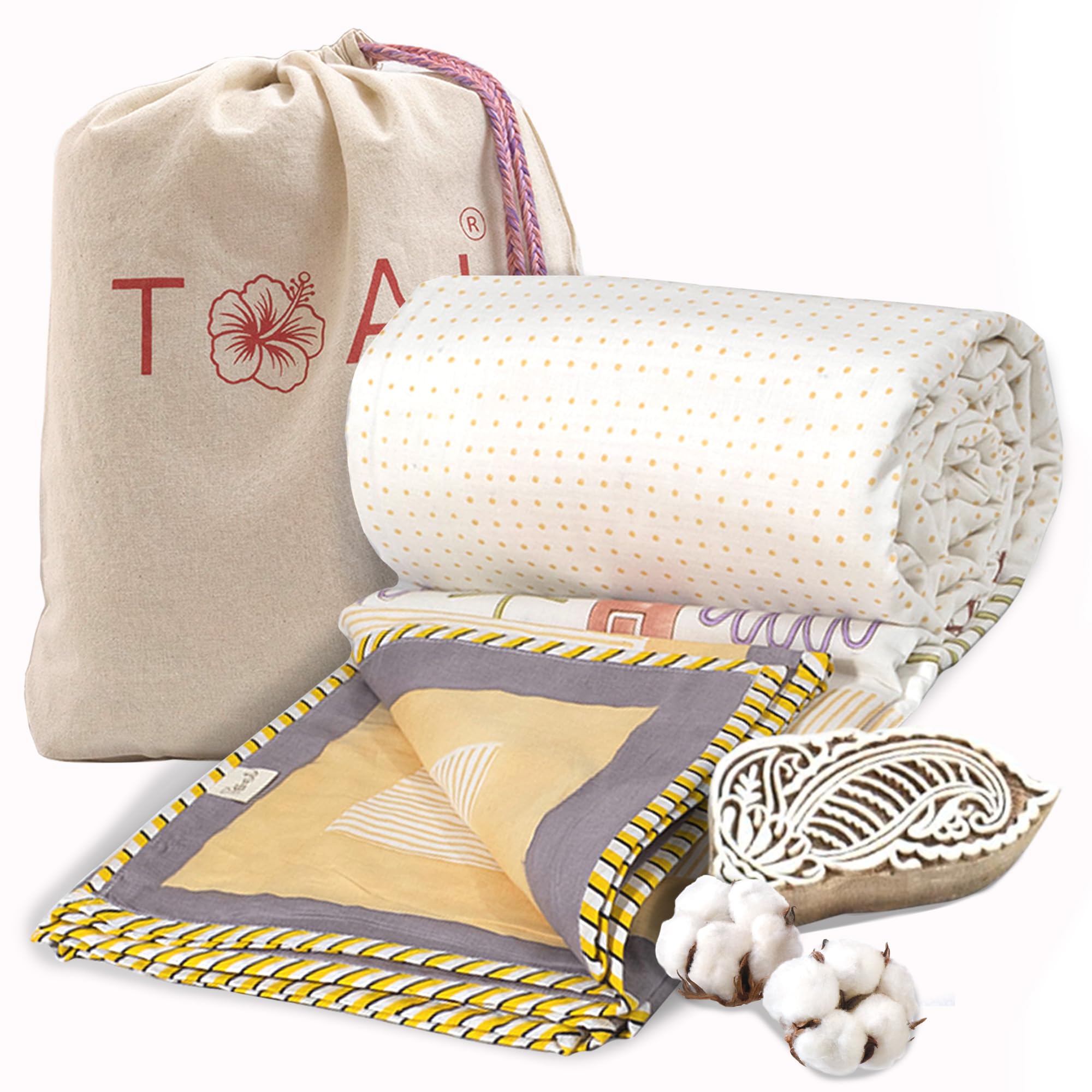 TOAIArt Premium Jaipuri Dohar | AC Blanket Summer Quilt | Hand Block Printed | 3 Layers | Reversible | 150GSM 100% Mulmul Cotton | 100% Cotton Flannel Filling | King 108 X 90 |Yellow Polka Homes Kafalo