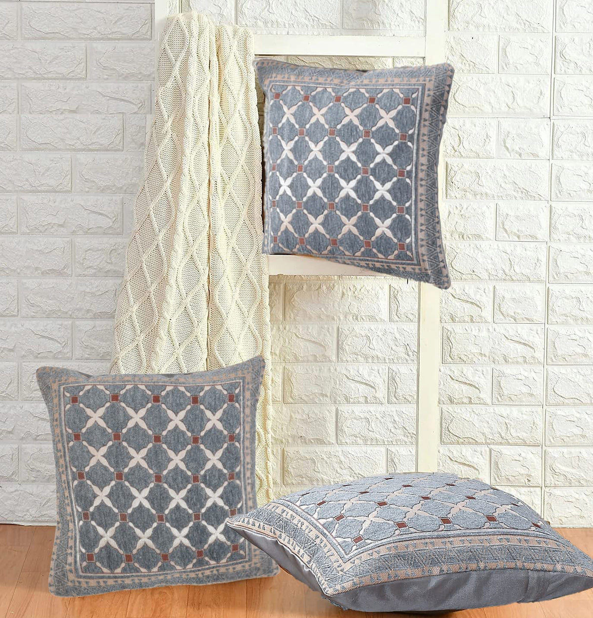 DECOMIZER Jacquard Geomteric Cushion Covers 16 inch x 16 inch Set of 3 Ethnic Motifs Cushion Covers,Design- Criss-Cross,Color- Grey