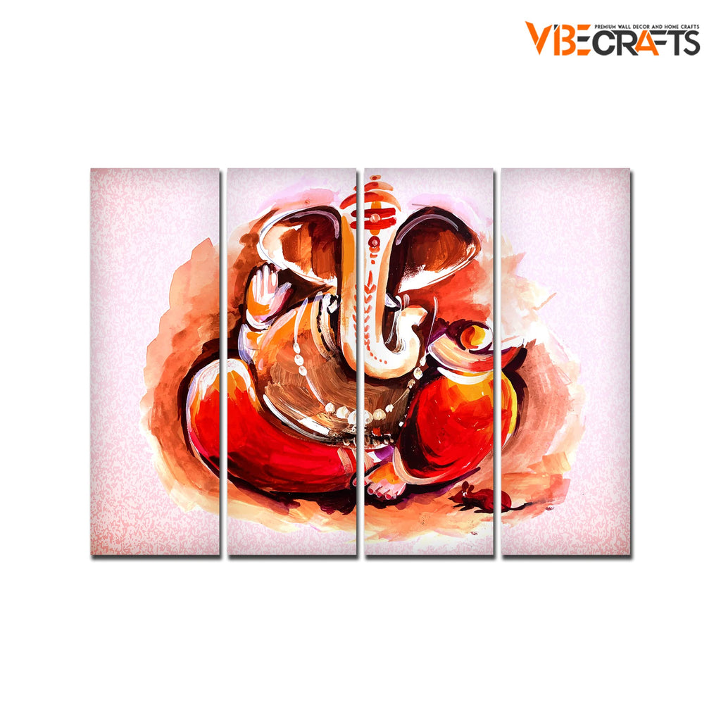 VIBECRAFTS 4 Pieces Devotional Shree Ganesha Canvas Wall Painting Fitted With Wooden Frame For Home | Office | Living Room | Gift(PTVC4Pcs1_13525)