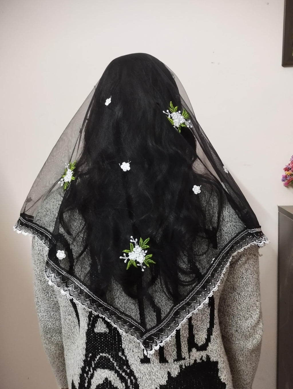 ELITE APRIL Black Triangle Church Scarf(Catholic mantilla) with Embroidered Floral Design, Net Fabric, 240 cm Length, with Wig Clip.