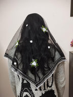 ELITE APRIL Black Triangle Church Scarf(Catholic mantilla) with Embroidered Floral Design, Net Fabric, 240 cm Length, with Wig Clip.