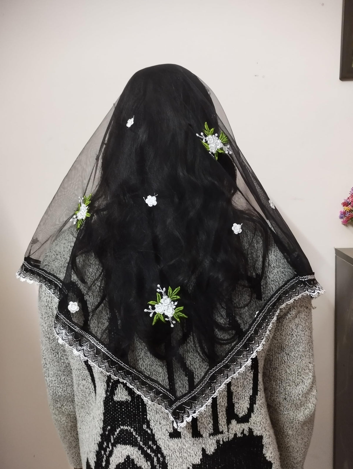 ELITE APRIL Black Triangle Church Scarf(Catholic mantilla) with Embroidered Floral Design, Net Fabric, 240 cm Length, with Wig Clip.