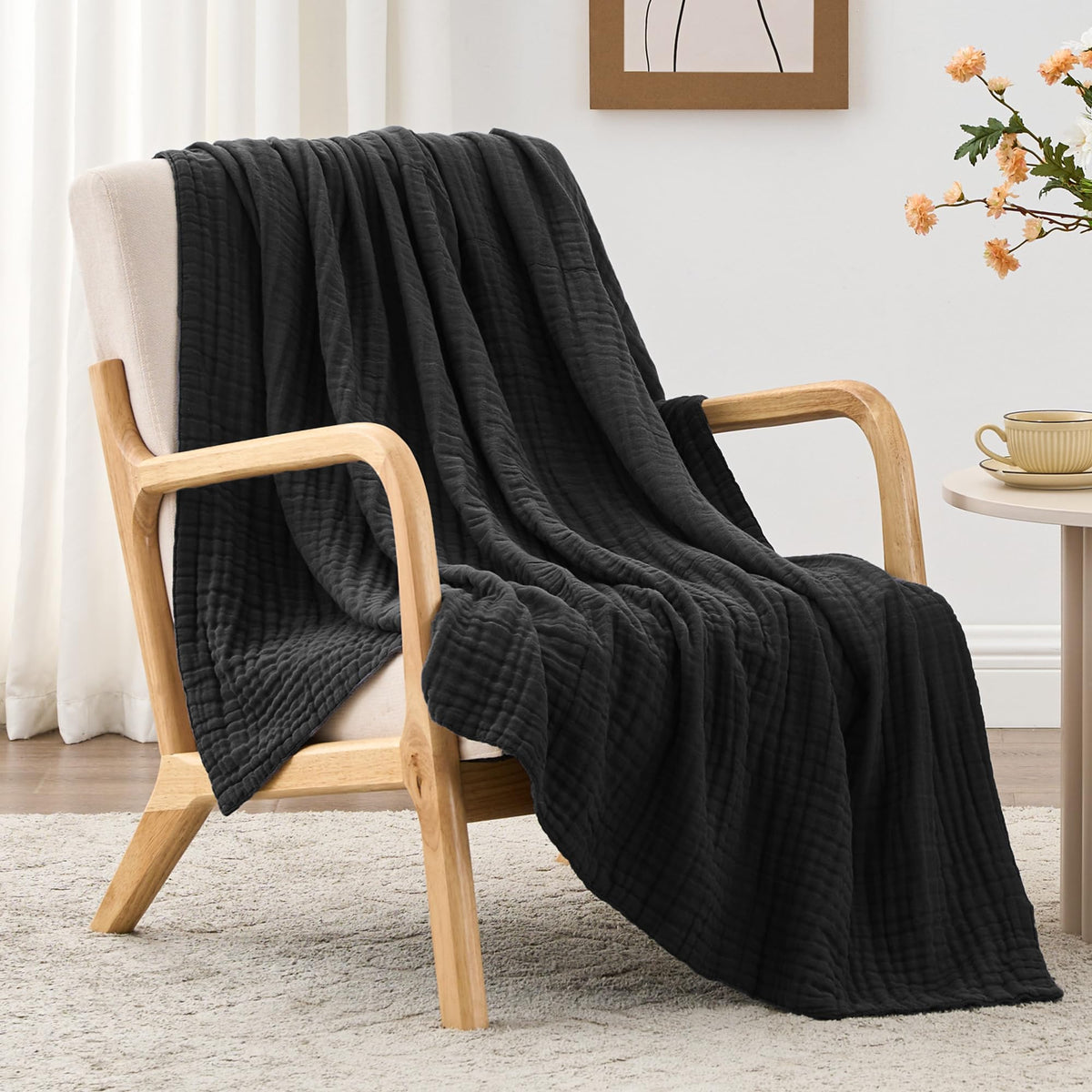 Love's cabin 100% Cotton Muslin Blanket, 6 Layer Lightweight Breathable Gauze Throw Blanket 50 x 60 Inches, Soft All Season Blanket for Couch, Bed, Sofa, Black Kafalo