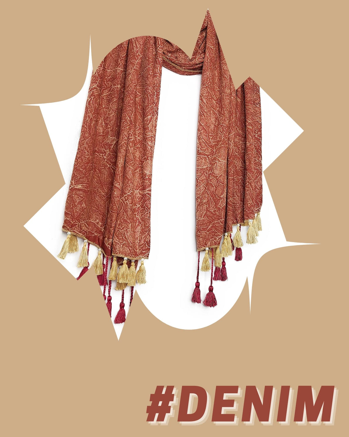 Chandwasia Rayon Design Trendy Stole Scarf Shawl | For Travel Casual Office Outdoor Styling | Rayon Fabric Printed Pattern Soft Texture Fringed Edges | Unisex Accessory For All Seasons - Rusty Red