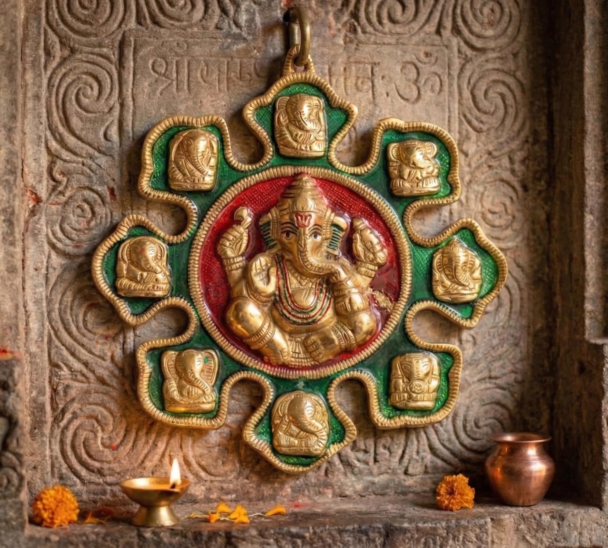 Lord Ganesha Ashtavinayak Wall Hanging Metal - 28cm x 27cm Antique Gold Finish Idol for Home Decor, Living Room & Entrance | Religious Figurine Gift Item (450g)