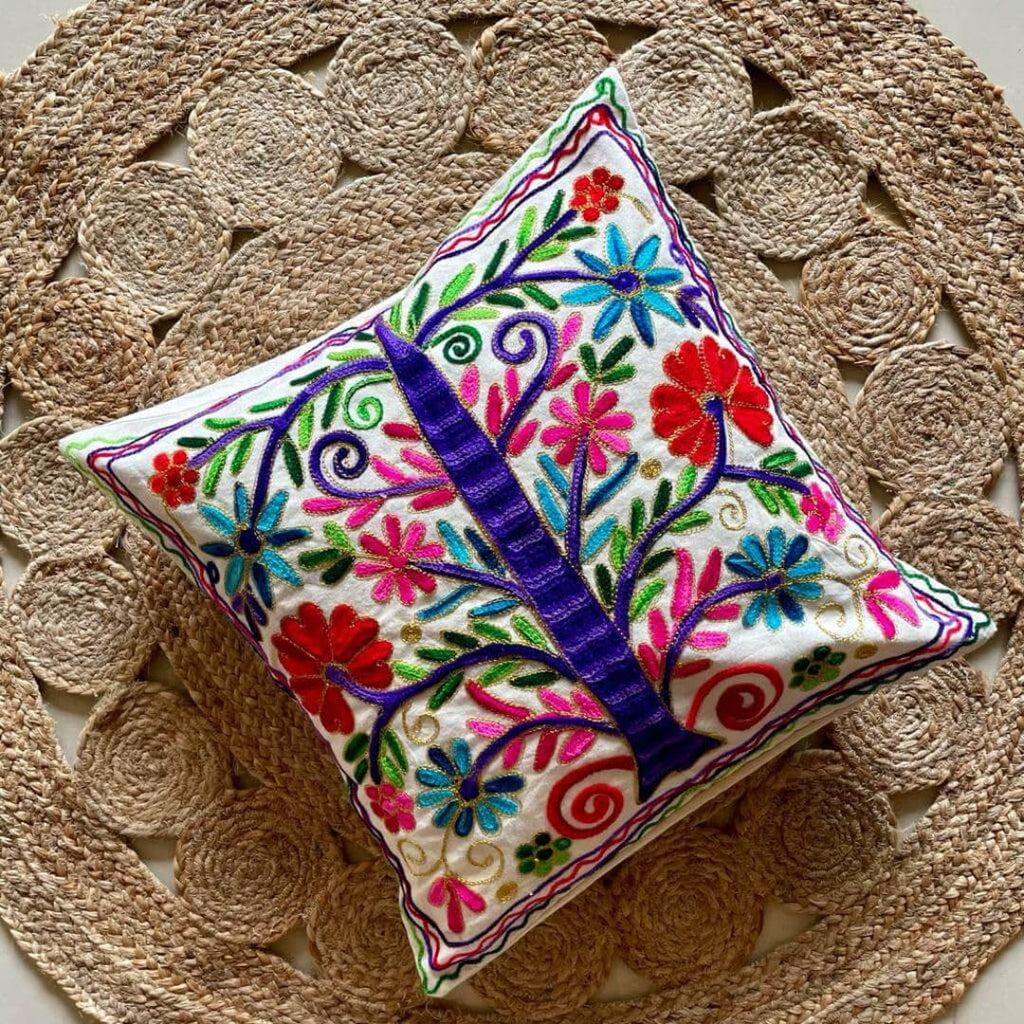 Tree of Life Aari Embroidered Cushion Covers - Set of 2 | Traditional Aari Embroidery | Threadwork Throw Pillow Covers with Zip Closure | Perfect for Sofa, Bed | 16x16 Inch (Multicolor)