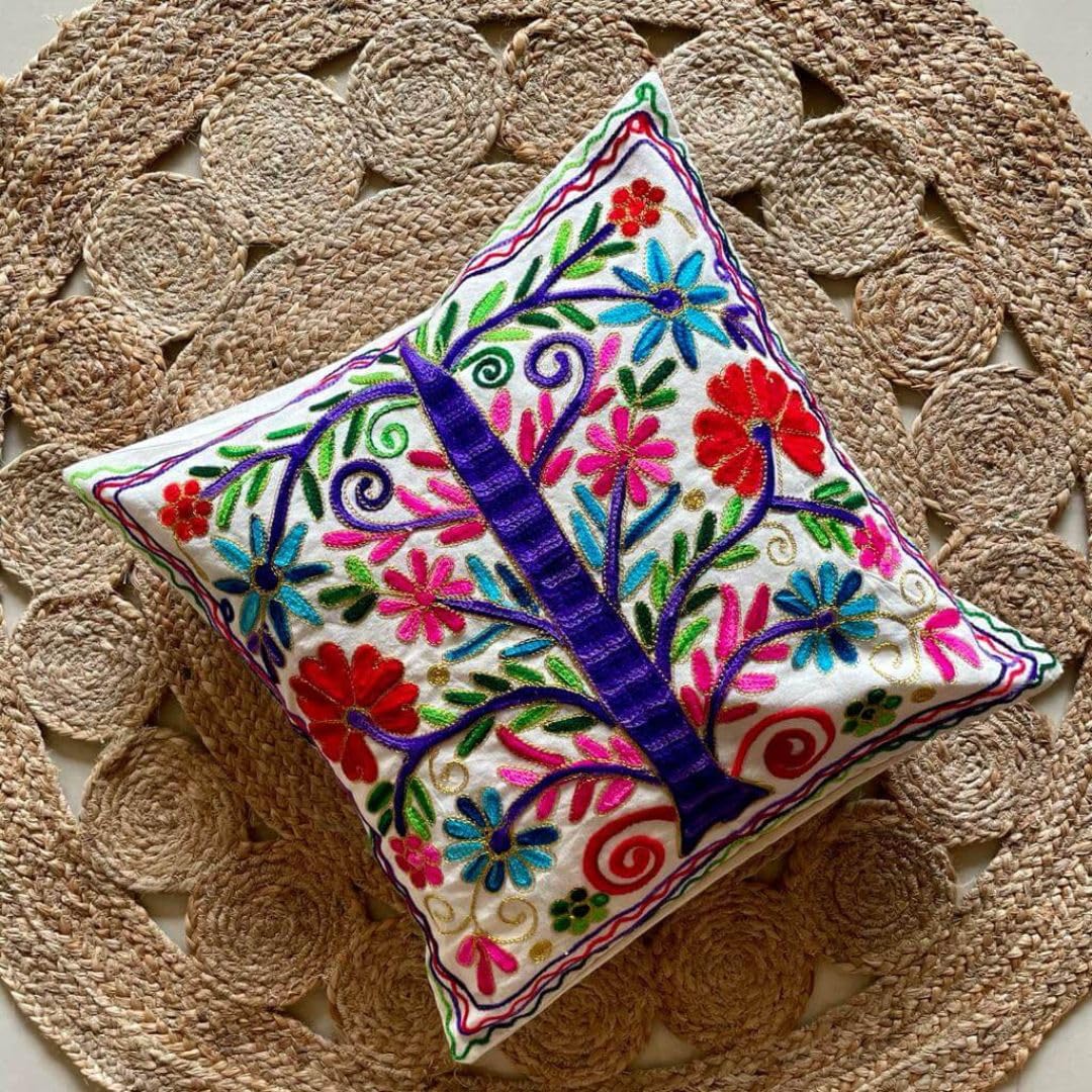 Tree of Life Aari Embroidered Cushion Covers - Set of 2 | Traditional Aari Embroidery | Threadwork Throw Pillow Covers with Zip Closure | Perfect for Sofa, Bed | 16x16 Inch (Multicolor)