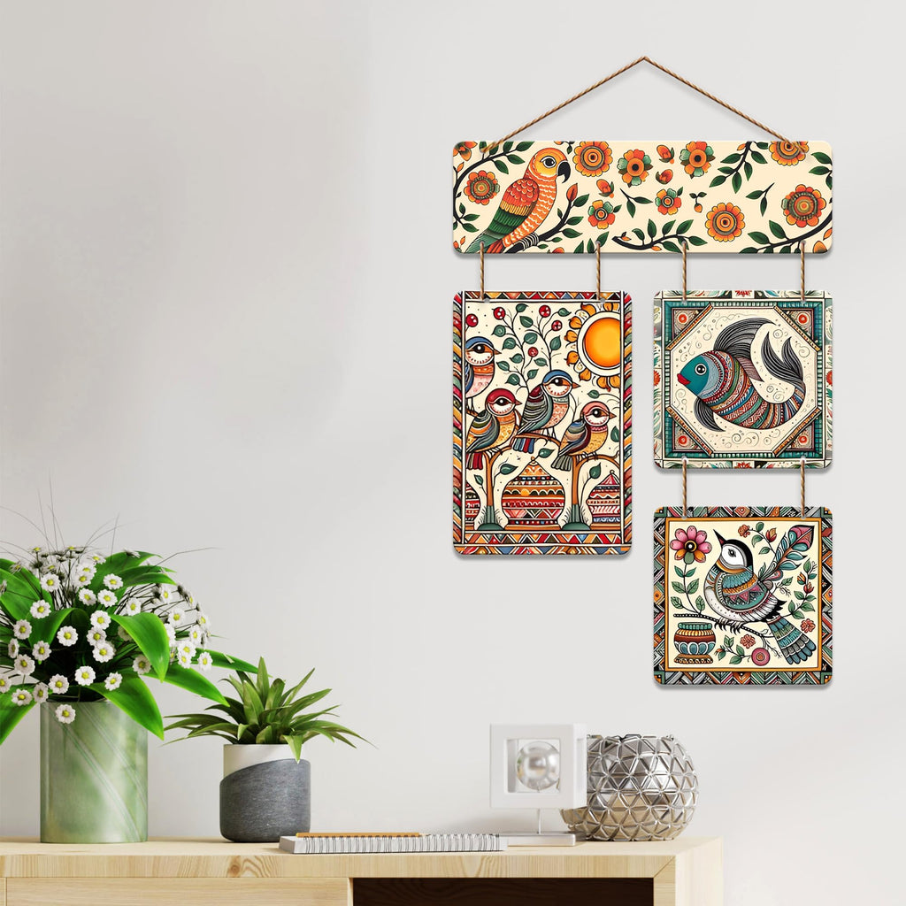 Artvibes Sparrows & Fish Ethnic Indian Folk Art Decorative Wall Art MDF Wooden Wall Hanger for Living Room | Wall Accent | Sceneries | Aesthetic Wooden Decor | Graphic Artwork | Ideal Gifts (WH_6539N)