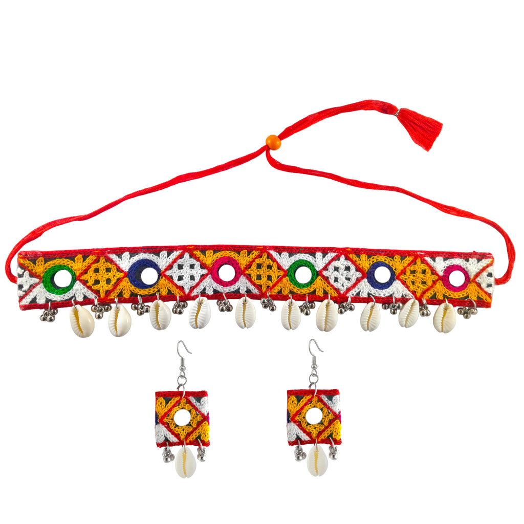Handmade Fabric Necklace Jewellery for Navratri Garba and Dandiya Fabric Cowrie Earrings Multi Design & Color Sea Shell Charm Earrings Boho Beach Jewellery Bohemian Ethnic Festive for Women and Girls