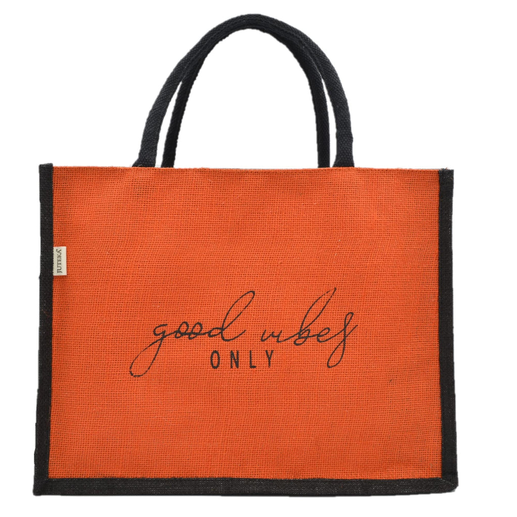 JUTEKA Unisex-adult Orange And Black,Quote Printed Jute Bag For Lunch, Office, Grocery, Picnic, Tiffin, Shopping Hand Bag With Padded Cotton Handles