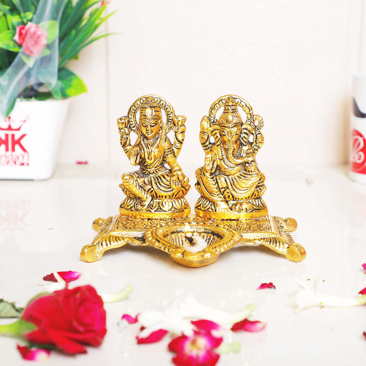 KridayKraft White Metal Gold Plated Diwali Laxmi Ganesh Chocki God Idol with Metal om Shape Incense Stick Holder