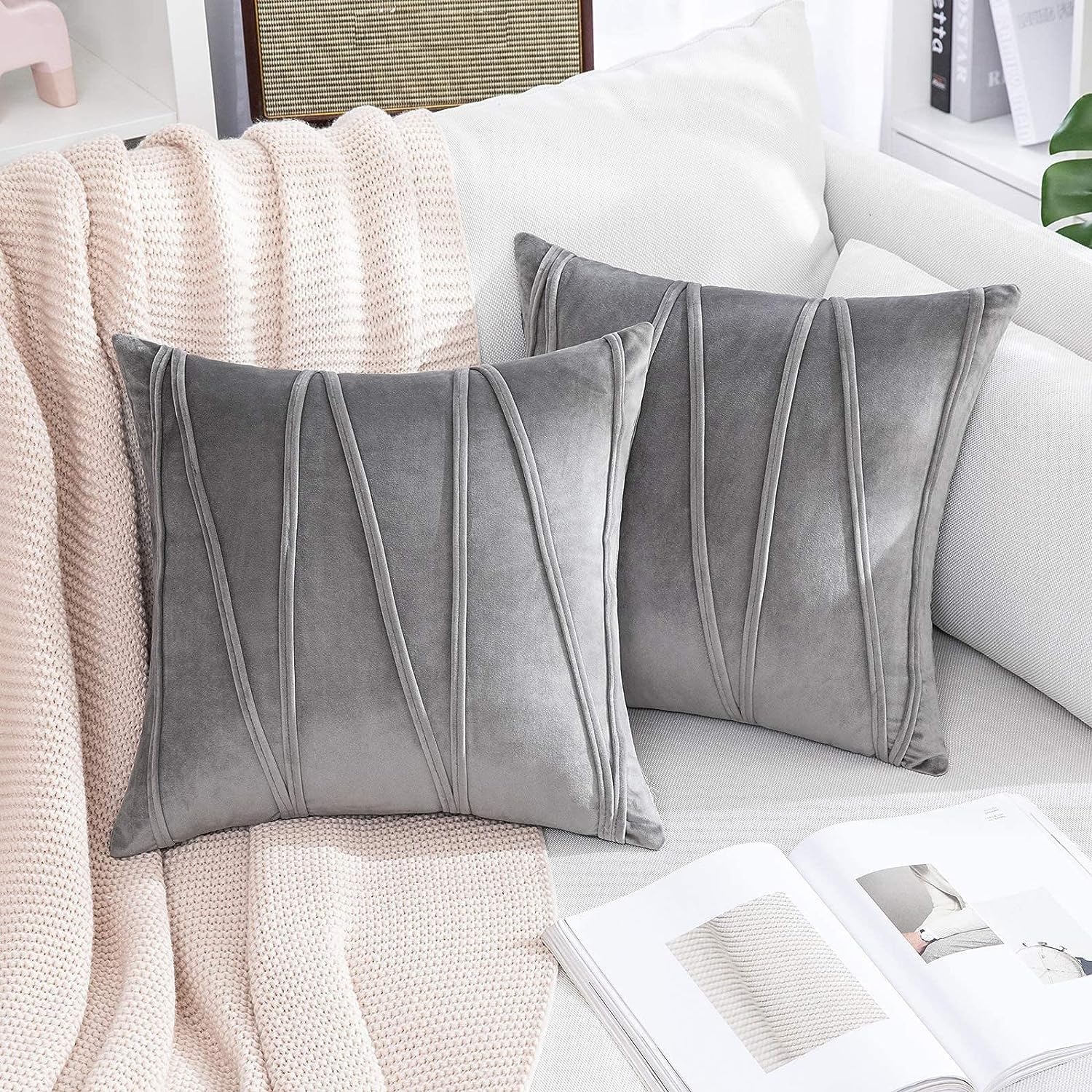 Khooti Velvet Striped Cushion Cover Pack of 1-32X32/81X81 Cm | Light Grey | Soft Pillow Covers Cushion Case for Sofa Bedroom Living Room Chair Car, Cushion Cover with Zig Zag Pattern