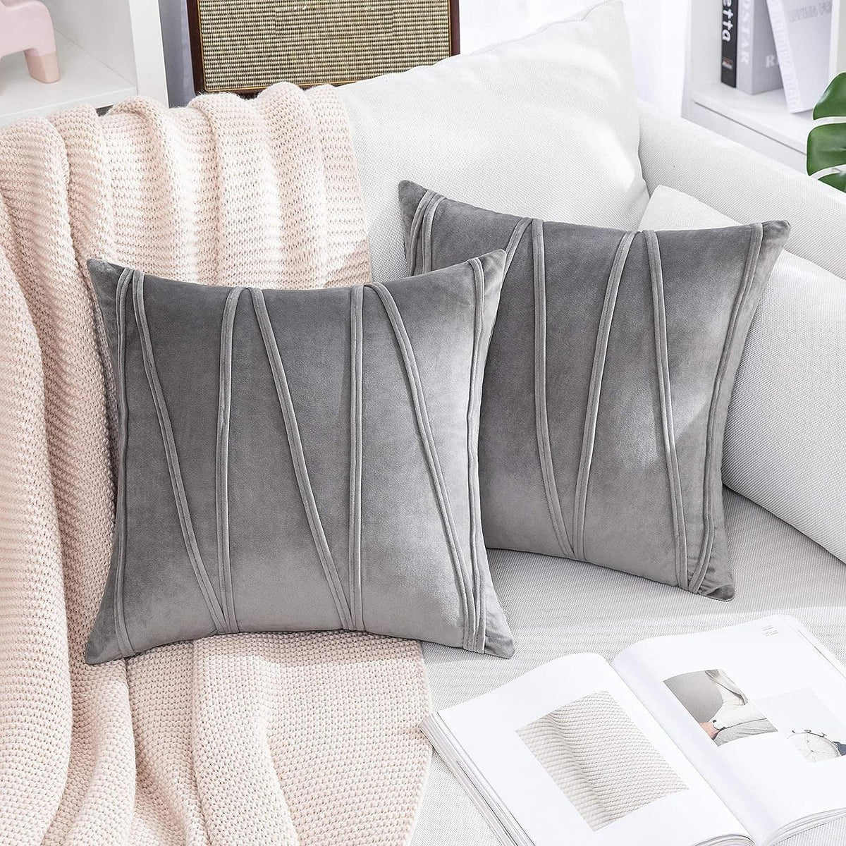 Khooti Velvet Striped Cushion Cover Pack of 1-16 X 16 / 41 X 41 Cm | Light Grey | Soft Pillow Covers Cushion Case for Sofa Bedroom Livingroom Chair Car with Zig Zag Pattern, 200 Tc