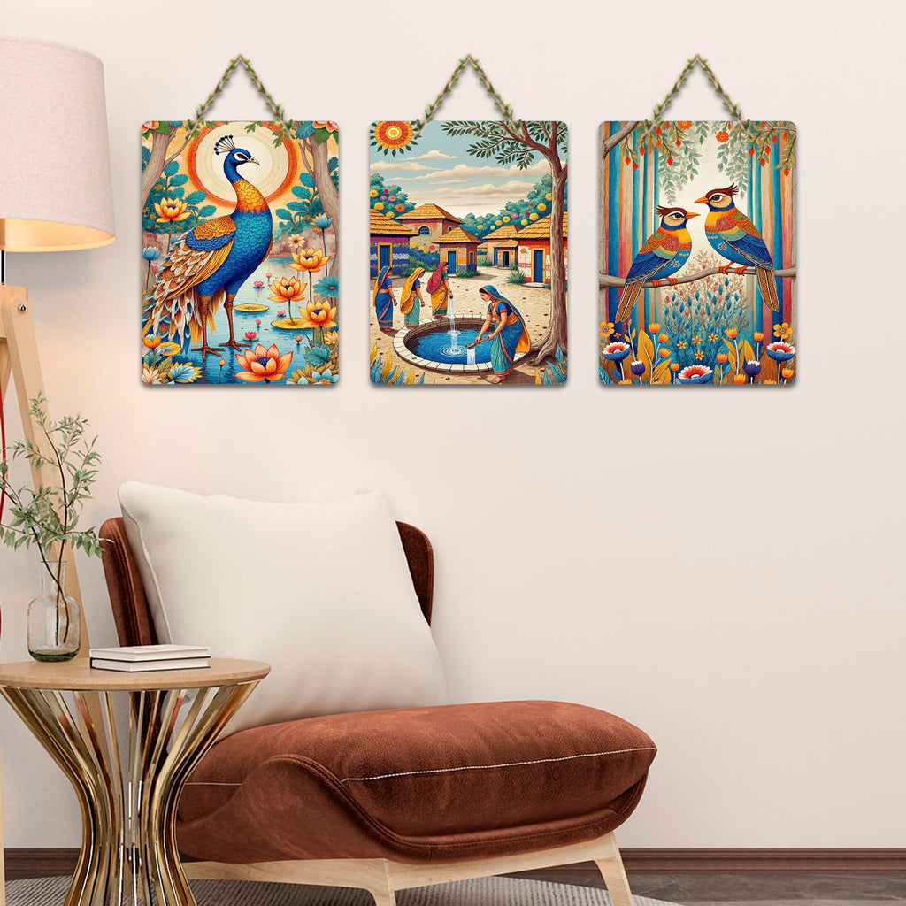 Artvibes Village Life Peacock & Birds Wooden Art Decoration Item for Living Room | Modern Decoration Items| Stylish Modern Decor Item | Trendy Decor | Wall Art Print | Ideal Gift (WH_9688N), Set of 3