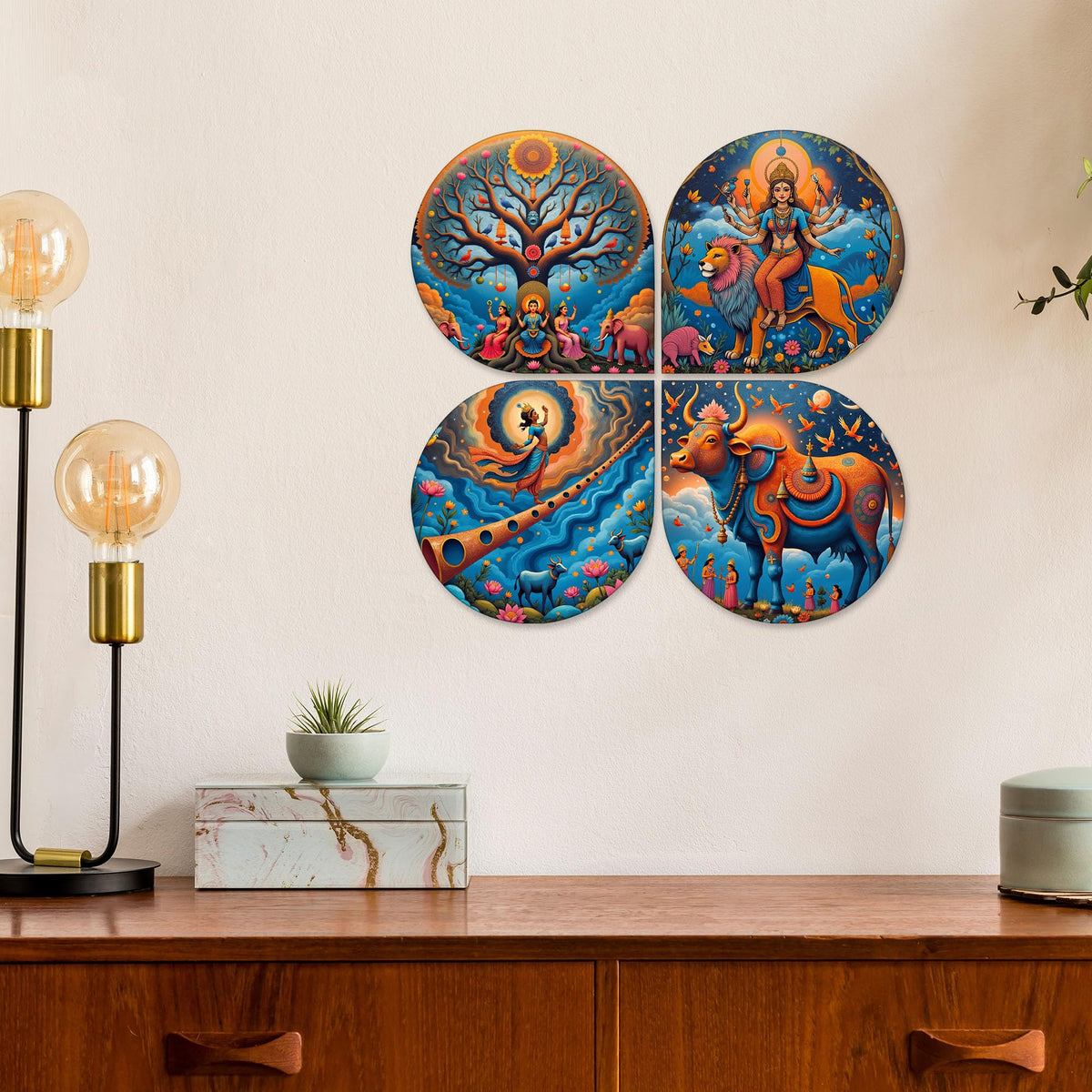 Artvibes Spiritual Decorative MDF Wooden Wall Art for Home | Graphic Artwork | Door Decoration Items | Paintings For Wall | Aesthetic Wooden Decor | Handcrafted Art | Ideal Gifts (WH_8440N), Set of 4