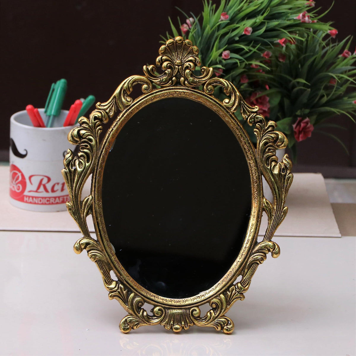 KridayKraft Table Mirror Gold Plated for Gift Love one Festival Gift Perfect for Birthday, Anniversary Wedding (Floor Mount, Oval, Framed)