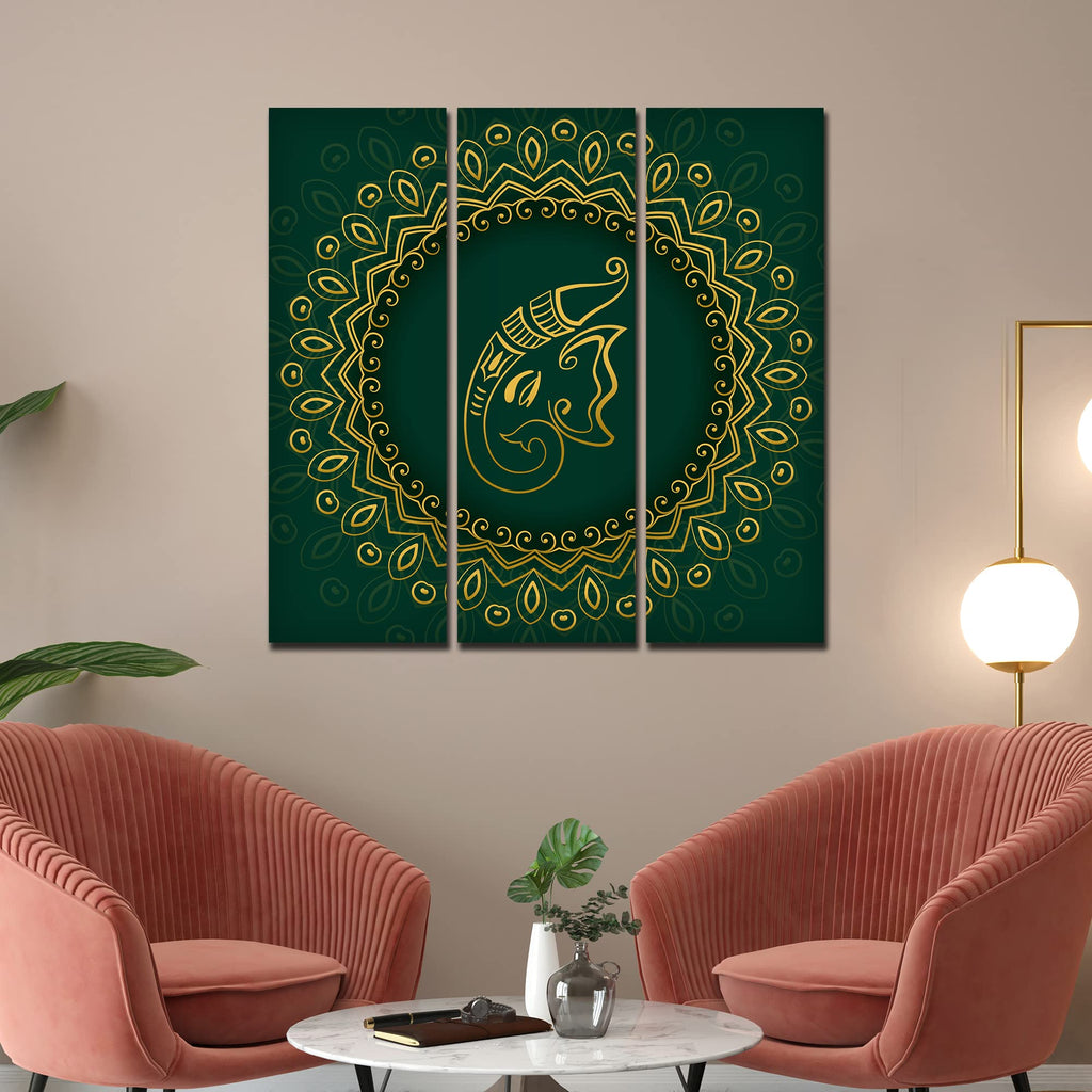 VIBECRAFTS Beautiful Ganesha Head 3 Pieces Canvas Wall Painting Fitted With Wooden Frame For Home | Office | Living Room | Gifts (PTVC3Pcs1_9557)
