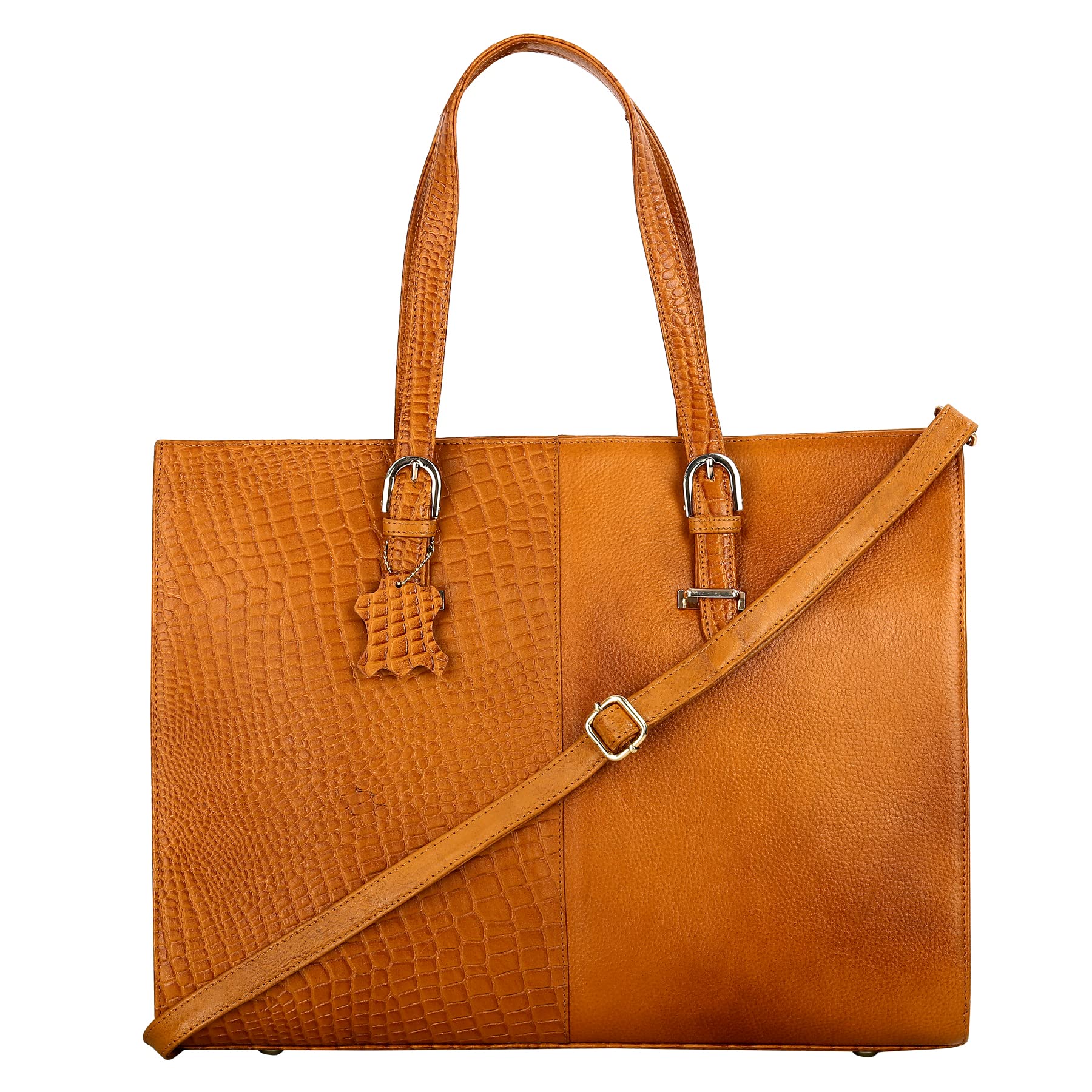 HYATT Leather Accessories Full-Grain Natural Cro Leather Ladies Handbags & Sling Shoulder Tote Bags For Women Laptop Big Size Branded Stylish. Size- L-16 X H-12.5 x W- 4.5 Inches (MANGO TAN)