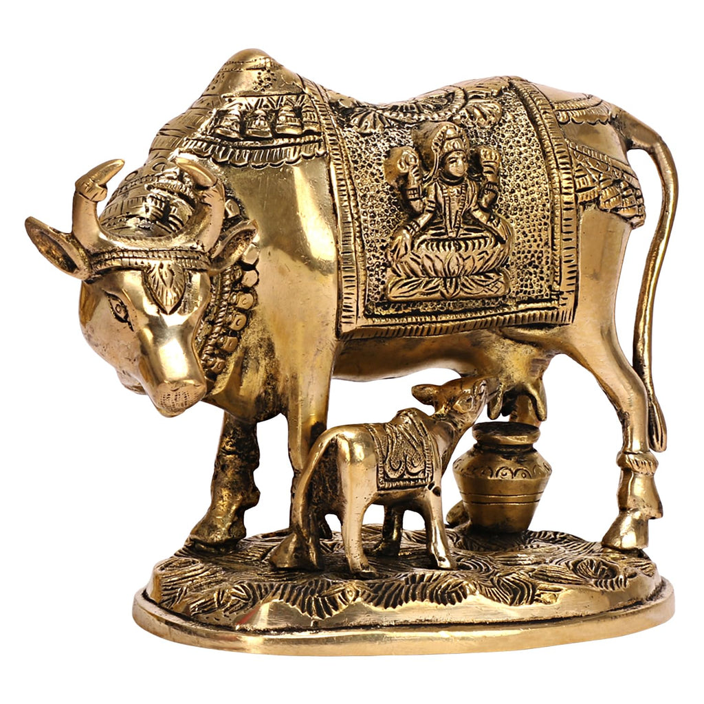 ARTVARKO Brass Laxmi Ganesha Engraved Cow and Calf Statue Kamdhenu Gau MATA Idol, Spiritual Vastu Nandi Pooja Decor, Gold Color 8 Inch