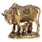 ARTVARKO Brass Laxmi Ganesha Engraved Cow and Calf Statue Kamdhenu Gau MATA Idol, Spiritual Vastu Nandi Pooja Decor, Gold Color 8 Inch