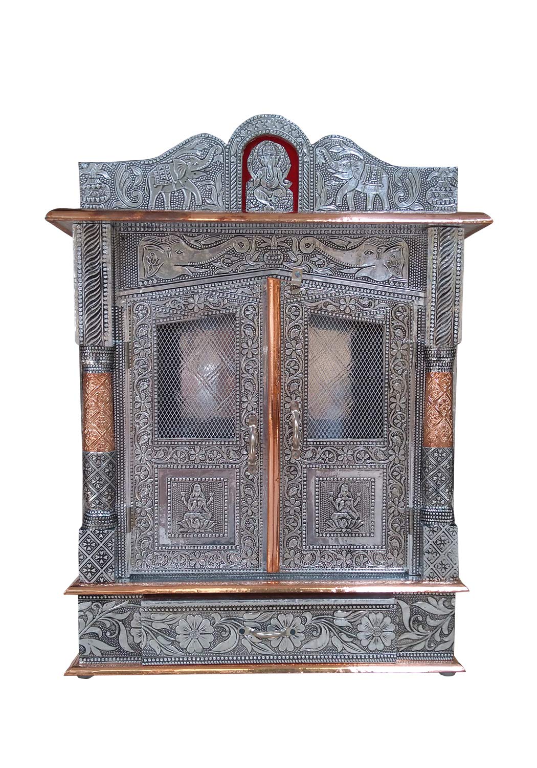 Genaric Vd-Starâ Handcrafted Designs Wooden Mandir With Aluminium & Copper Oxidized Temple Home Temple/ Mandir Office Pooja Mandir Silver & Bronze (Size: 24X 6X 15 Inch)
