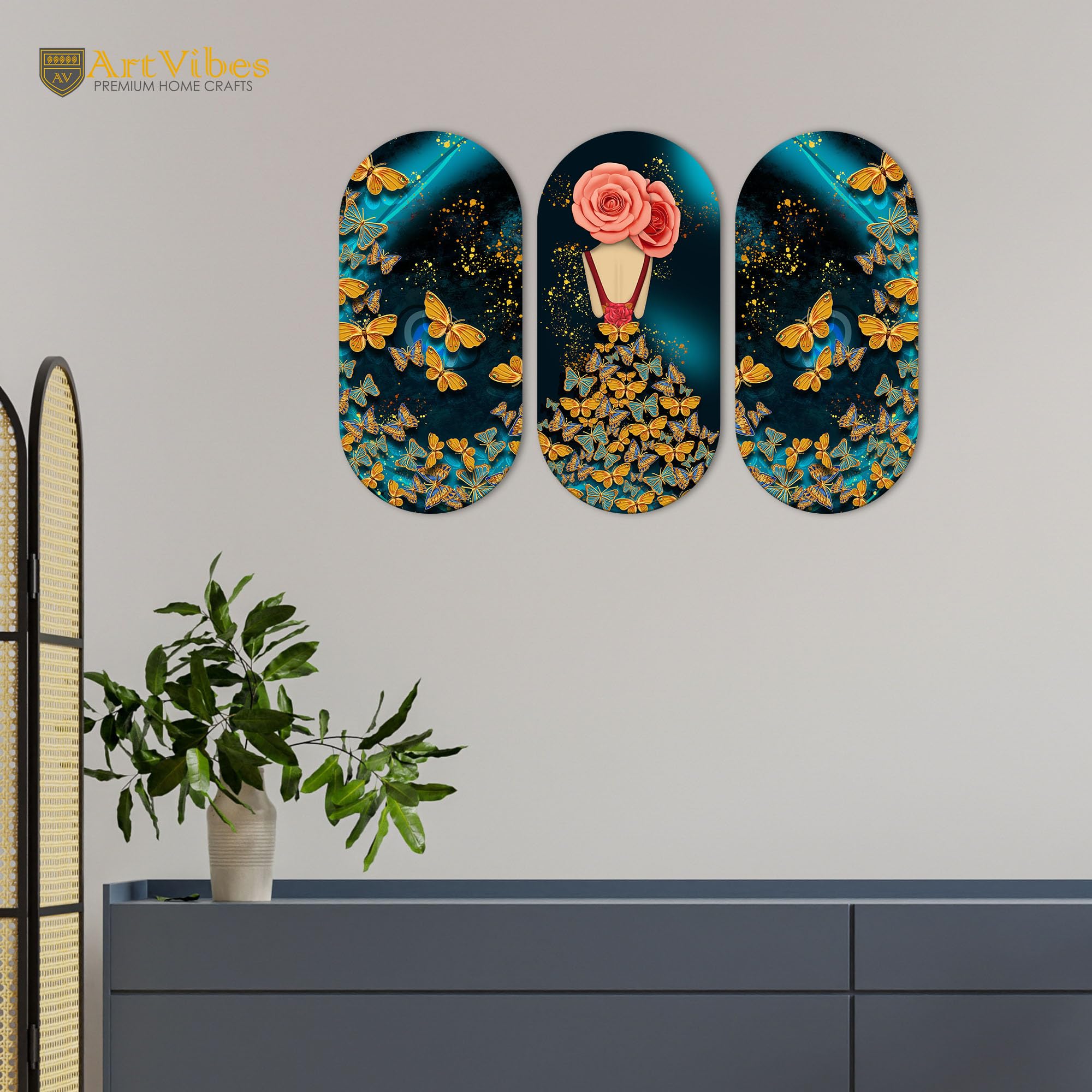 Artvibes Beautiful and Creative Art Decorative Wall Art MDF Wooden Wall Hanger for Home | Handcrafted Art | Festive Decor | Wall Art Print | Paintings For Wall | Unique Gift (WH_9005N), Set of 3