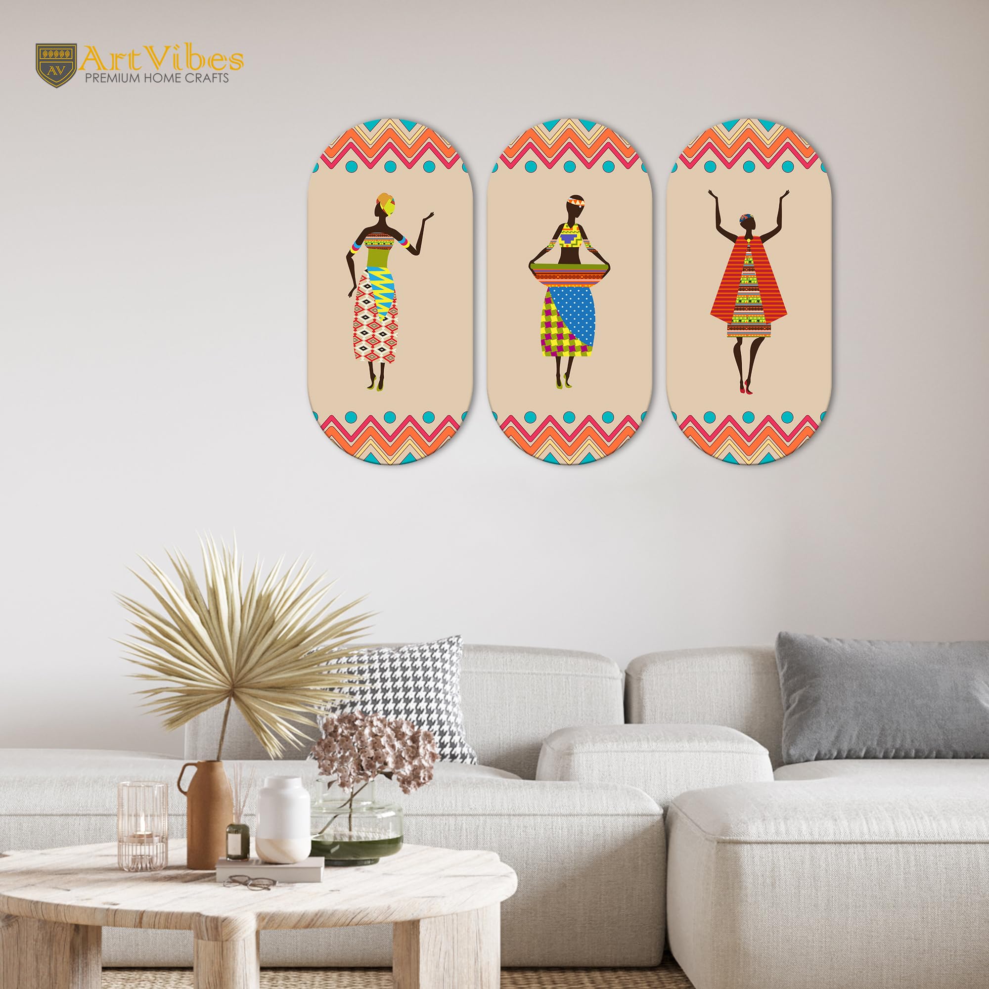 Artvibes African Women Dancing Warli Art Wooden Wall Hanger for Home | Office | Living Room | Gift | Modern Decoration Items | Kitchen Wall Decor | Artworks (WH_9011N), Set of 3