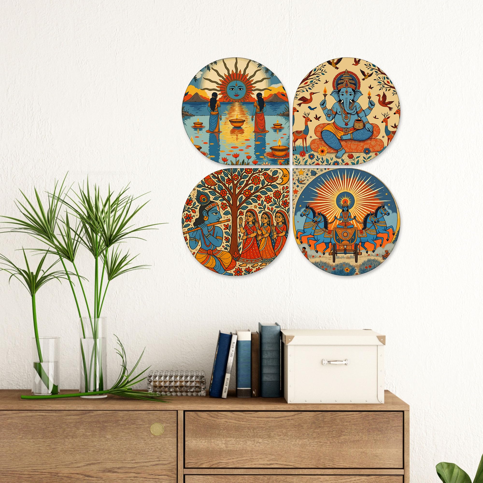 Artvibes Indian Festival Decorative Wall Hanging Ornaments | Graphic Artwork | Door Decoration Items | Paintings For Wall | Aesthetic Wooden Decor | Handcrafted Art | Ideal Gifts (WH_8448N), Set of 4