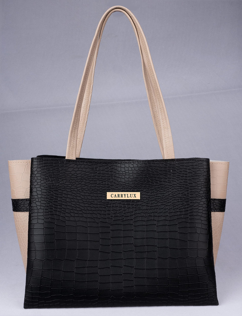 Carrylux Dual Tone Large Capacity Croco Pattern Western Tote Handbags Purses Shoulder Bag For Womens (Black)