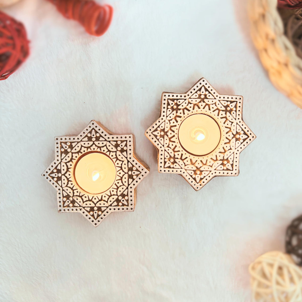 Goyoham | Pack of 2, Premium Wooden Candle Holders with Octagon Star Pattern | Handcrafted in India | Home Decor and Gifting