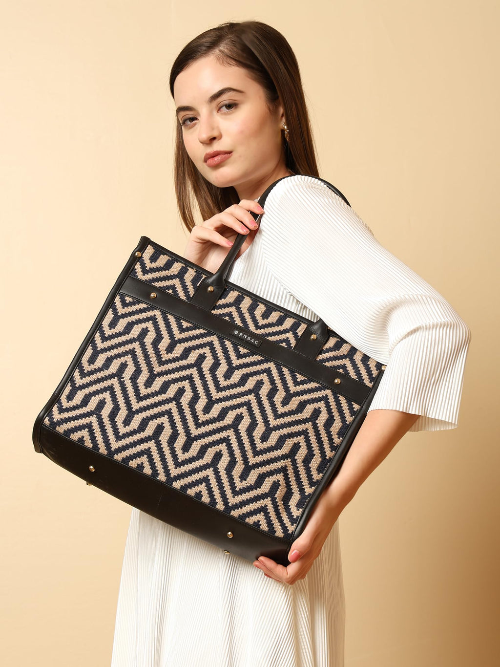 ENSAC Tote Bag with Ethnic Prints – Canvas Handbag with Zip Pouch, Stylish Laptop Tote for Office, College & Everyday Use