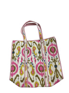 Mohinii Large Cotton Quilted Tote Bag - 18x18 Inch Ikat Print Shopping Bag for Women, White Pink Ethnic Design