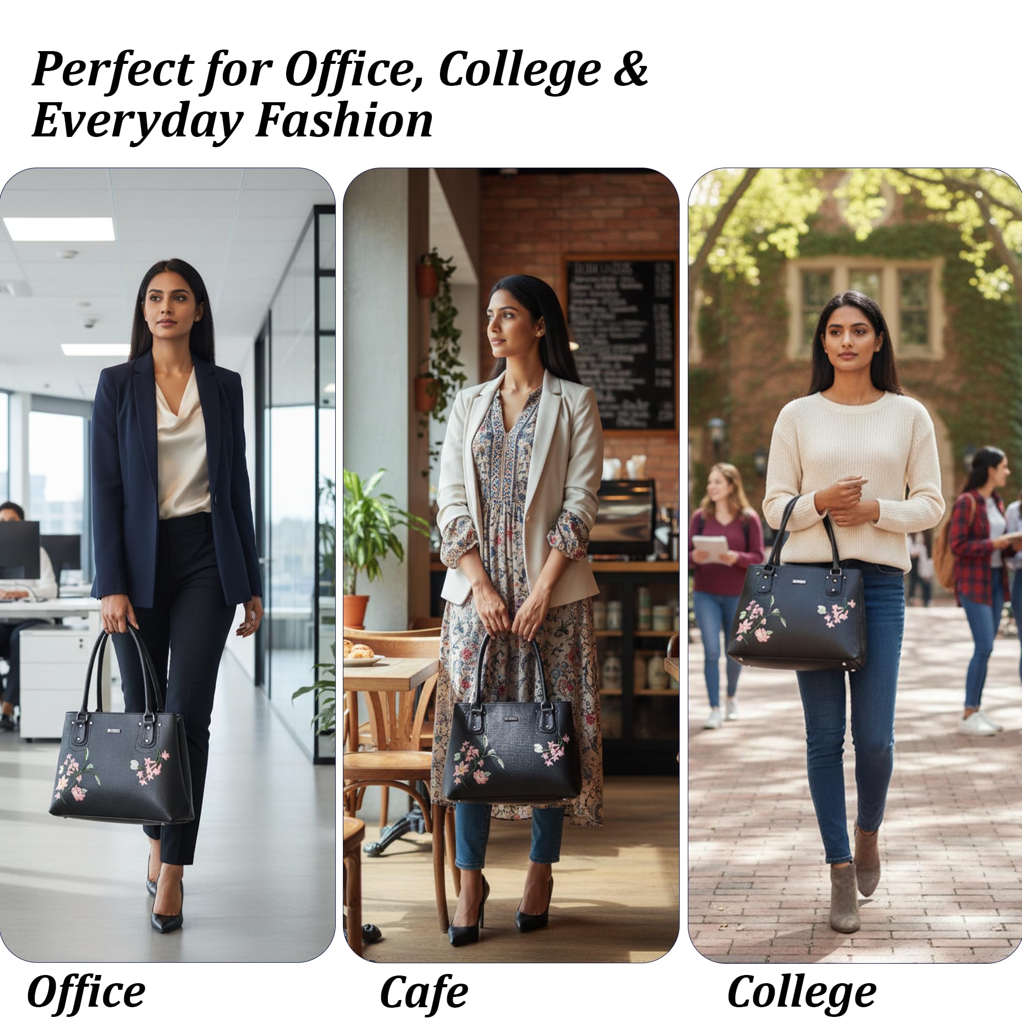 Siza Women Handbag for Office Use, Tote Bag for Women, Stylish Black Shoulder Bag with Zipper, Multi Compartment Travel & Daily Use Handbag (Black)