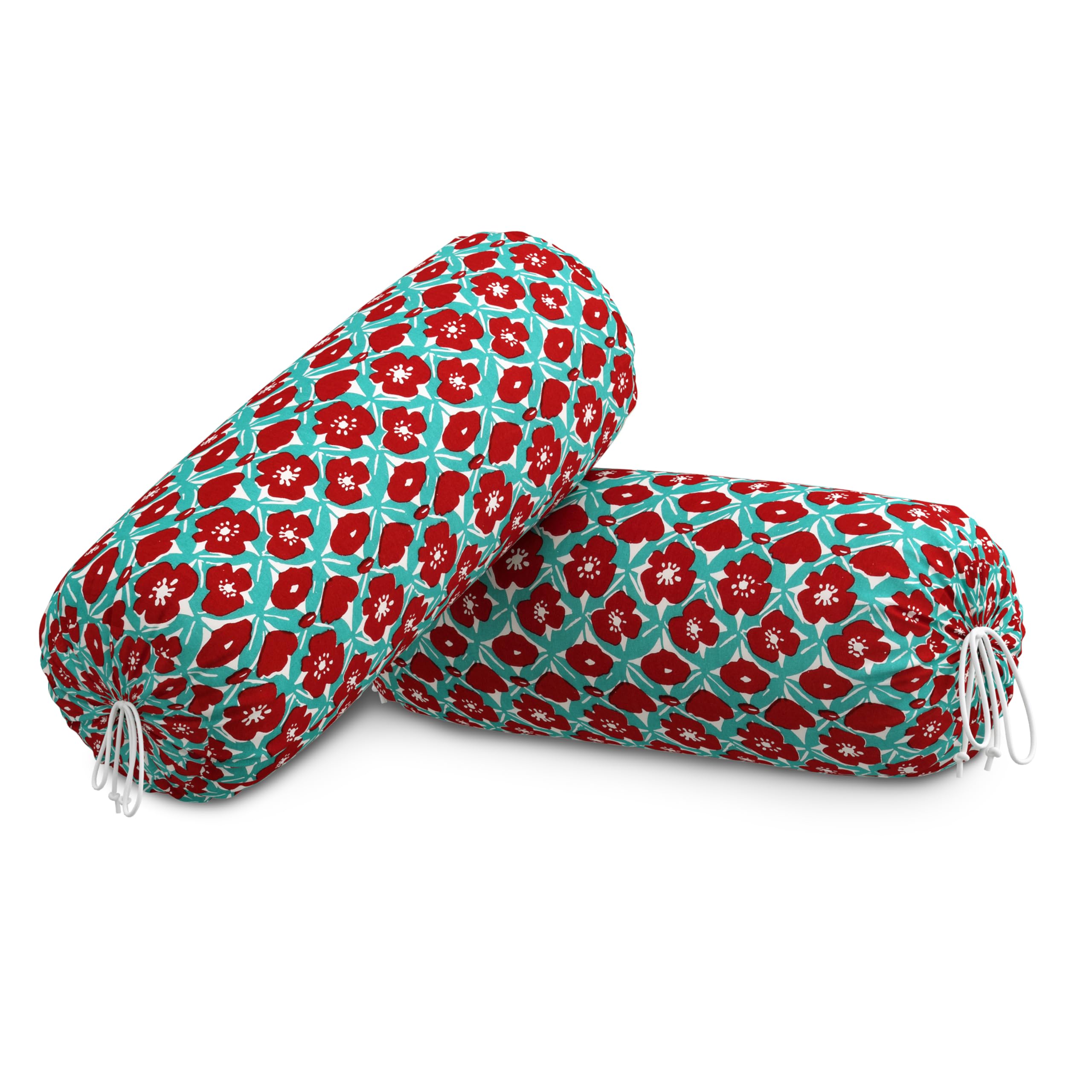 BLOCKS OF INDIA Cotton Hand Block Printed Bolster Cover | Booster Cover with Drawstring | Round Long Pillow Cover for Bed | Dewan Pillow Cover Set 16 X 32 | Set of 2 (Turq Flower)