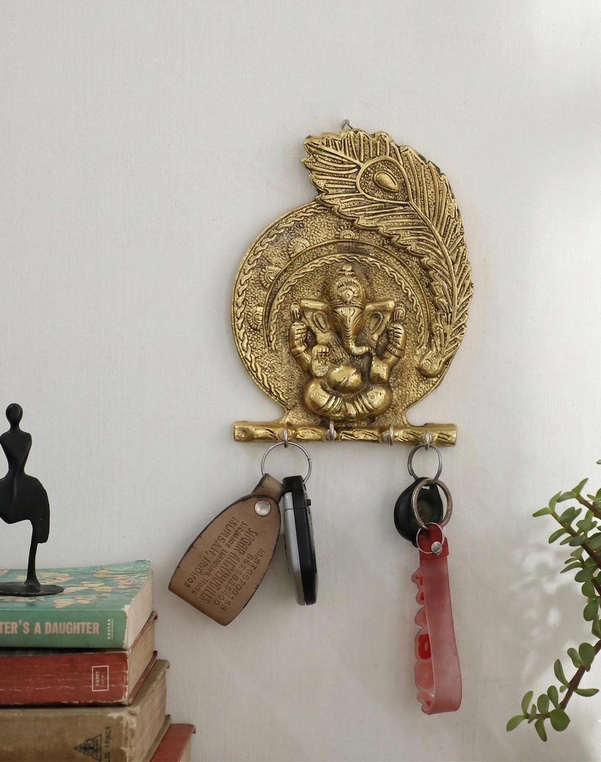 KridayKraft Metal Ganesha ji Key Holder with Meena Work Decorative for Wall | Ganesh Statue/Religious | Idol/Wall Hanging (Ganesh Pankhi)