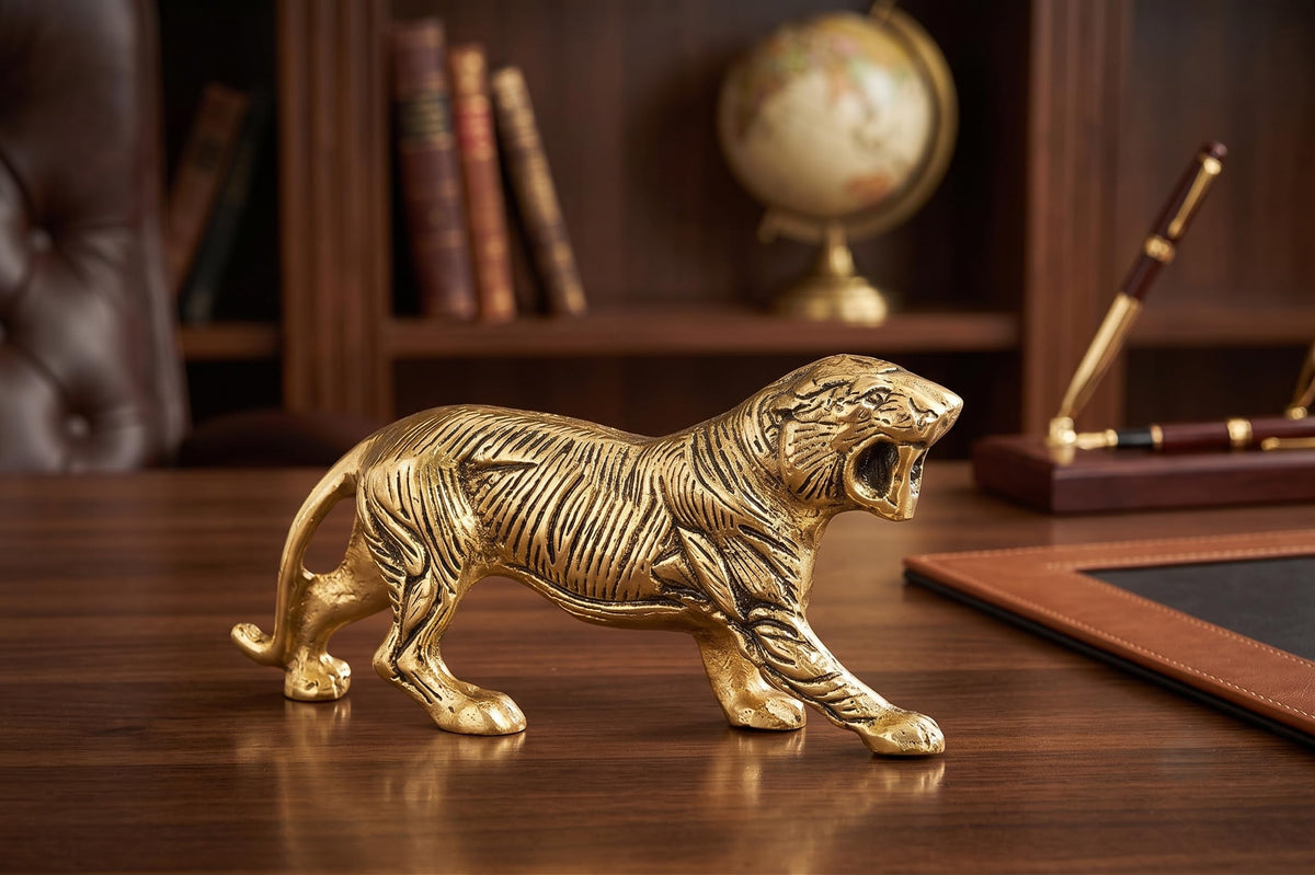 KridayKraft Golden Metal Antique Tiger/Jaguar/Panther/Sher Figurine Table Top Decorative,Feng Shui & Vanstu,Animal Showpiece Figurines...