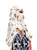HETVIN Cotton Long Scarf Cum Mask Scarves Usable for Vehicle Driver | White Printed Design Fabric | Universal Size | Soft & Breathable Sun Protection | For Girl & Women (Tedy Bear Short Scarf)